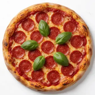 A pepperoni pizza with tomato sauce, basil, and crust but ab