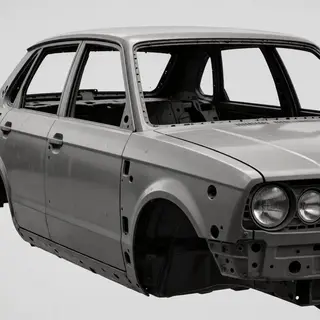 A car body with windows, doors, and headlights but no wheels