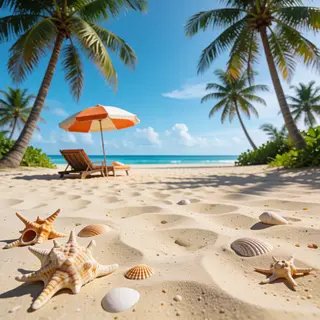 A sandy beach with palm trees, seashells, and a beach umbrel