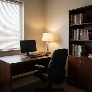 An office workspace with a desk, chair, bookshelf, and lamp 