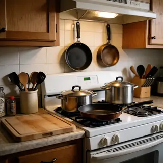 A kitchen with pots, pans, a stove, and a cutting board but 