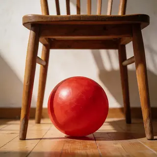 A red ball underneath a wooden chair