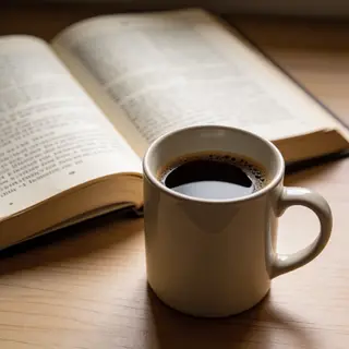 A coffee mug next to an open book on a desk