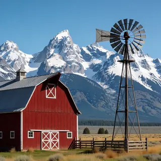 A landscape with a red barn in the foreground at large scale