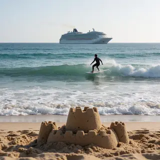 A beach scene with a sandcastle in the foreground, a surfer 
