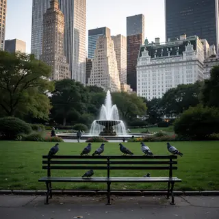 A city park with a park bench and pigeons in the foreground,
