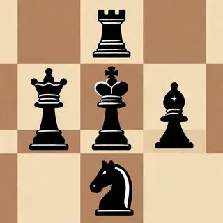 Five chess pieces on a board: a king in the center, a queen 