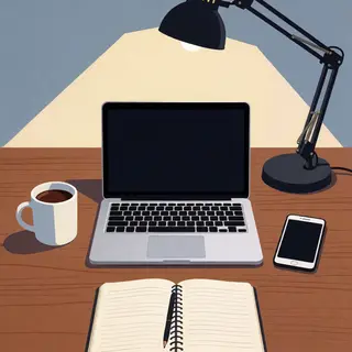 A desk scene: laptop in the center, coffee mug to the left, 
