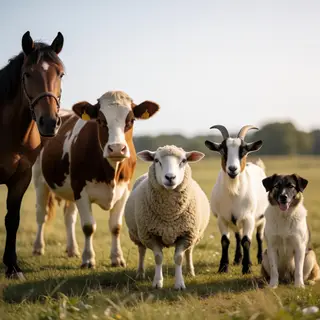 Five animals in a field: a horse on the far left, a cow to t