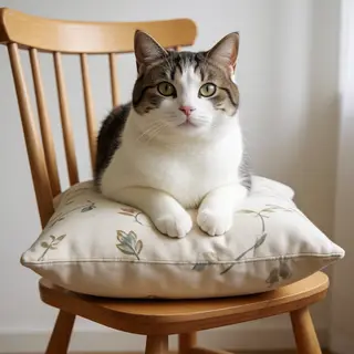A cat sitting on a pillow, the pillow placed on a wooden cha