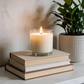 A candle on top of a stack of books, the books next to a pot