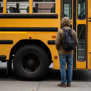 A person standing next to a yellow school bus, showing reali