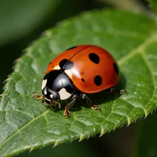 A ladybug sitting on a large green leaf, shown at realistic 