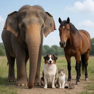 A group photo of an elephant, a horse, a dog, a cat, and a m