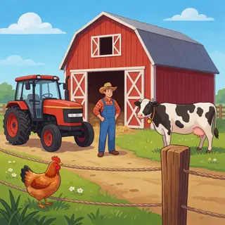 A farm scene with a barn, tractor, farmer, cow, chicken, and
