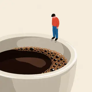 A tiny person standing on the rim of a coffee cup, looking d