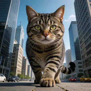 A giant tabby cat walking between city skyscrapers like a ka