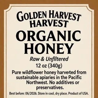 A product label for 'GOLDEN HARVEST ORGANIC HONEY' with subt