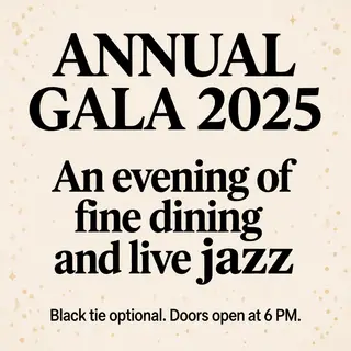 An event banner with headline 'ANNUAL GALA 2025' at the top 