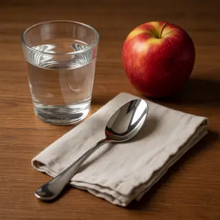 A still life on a wooden table featuring a clear glass of wa
