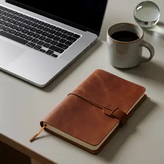 A workspace desk with a brushed aluminum laptop, a leather-b