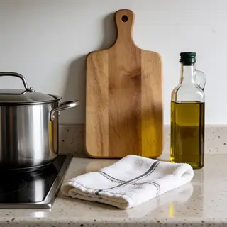 A kitchen counter with a stainless steel pot, a wooden cutti