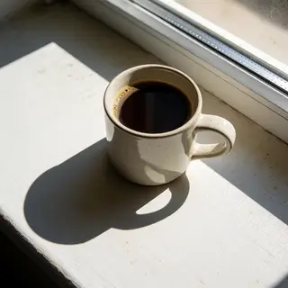 A coffee mug on a sunny windowsill casting a sharp shadow to
