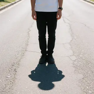 A person standing outdoors at midday with a short shadow dir