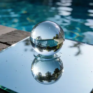 A clear glass sphere sitting on a mirror surface near a pool