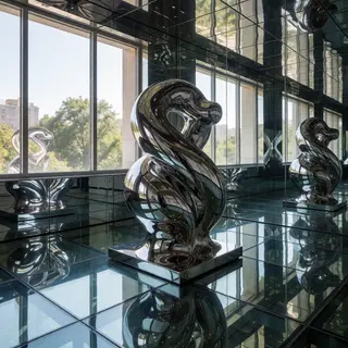 A chrome sculpture in a room with a glass floor and large wi