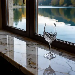 A crystal wine glass on a polished marble counter next to a 