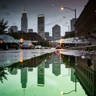 A city skyline reflected in a rain puddle on a street, with 