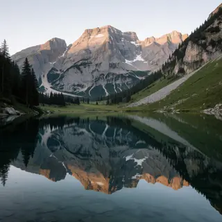 A mountain range reflected in a still alpine lake, with the 