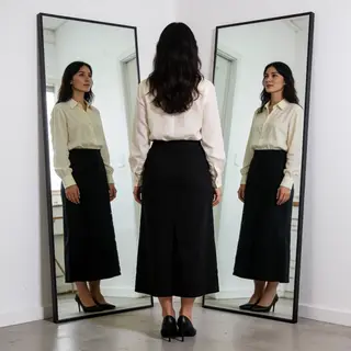 A woman standing in front of a full-length mirror, her refle