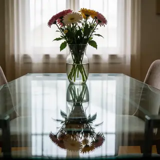 A vase of flowers on a glass table with a clear reflection v