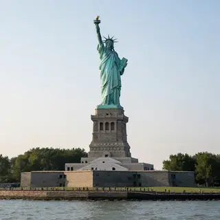 The Statue of Liberty on her island pedestal, with correct t
