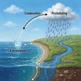 A detailed diagram of the water cycle showing evaporation fr