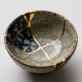 A Japanese kintsugi bowl — cracked ceramic repaired with vis