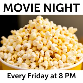 A movie night poster with a large popcorn image in the cente