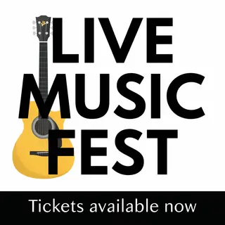 An event poster featuring a guitar illustration, the headlin