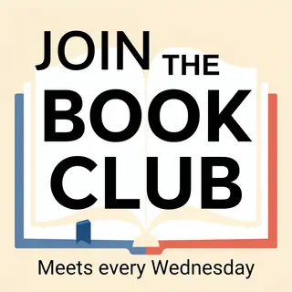 A book club poster with an open book illustration, the title