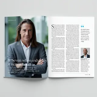 A magazine double-page spread with a left page containing a 