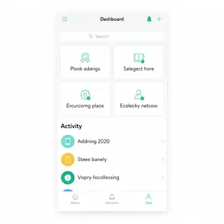A mobile app UI mockup showing a dashboard with a top naviga