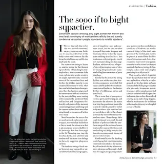 A fashion magazine spread with a full-bleed left-page photo,