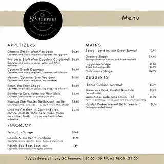 A restaurant menu layout with a logo header, three category 