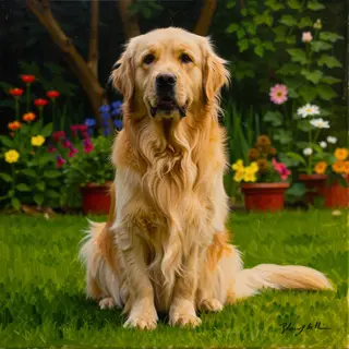 A golden retriever sitting in a garden, painted in the style