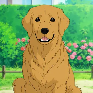 A golden retriever sitting in a garden, rendered in Japanese