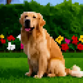 A golden retriever sitting in a garden, rendered in pixel ar