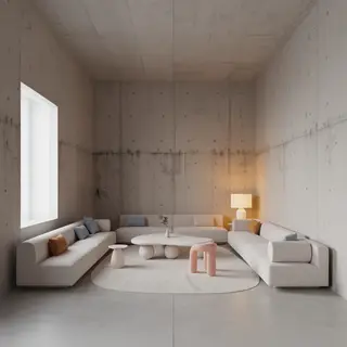 An interior scene rendered in soft brutalism — raw concrete 