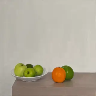 A still life painted in anxious minimalism — sparse composit